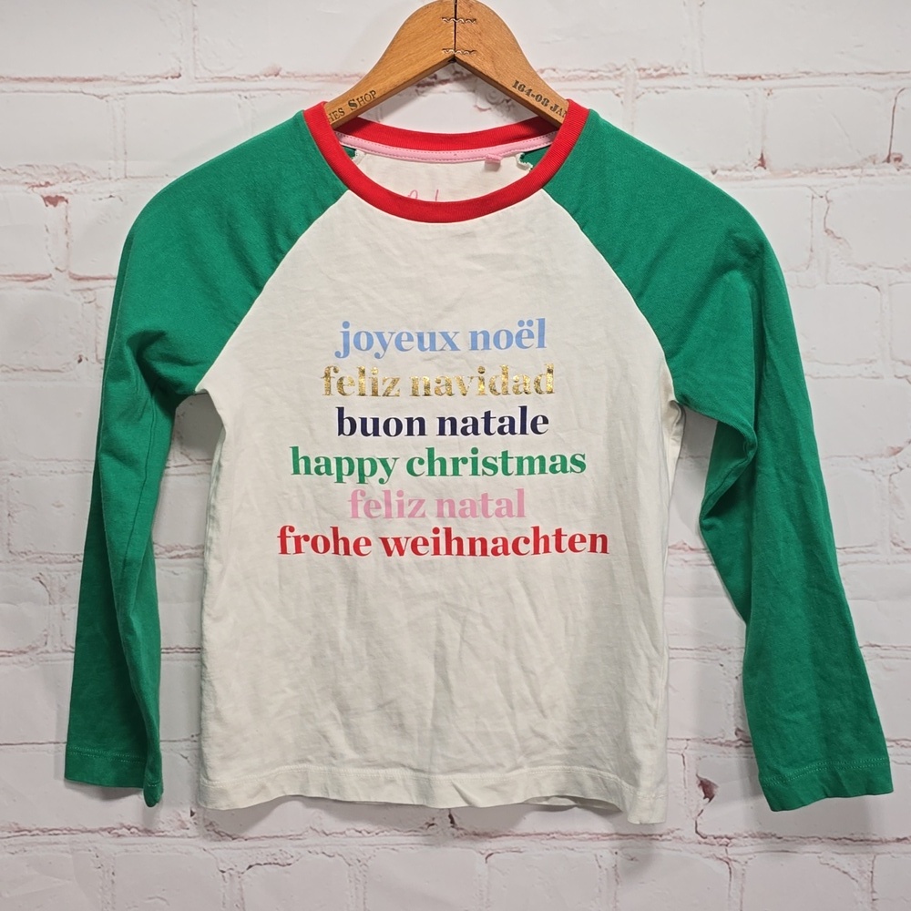 Boden Several Languages Happy/Merry Christmas Crewneck Tee Shirt Girls Size 8/9